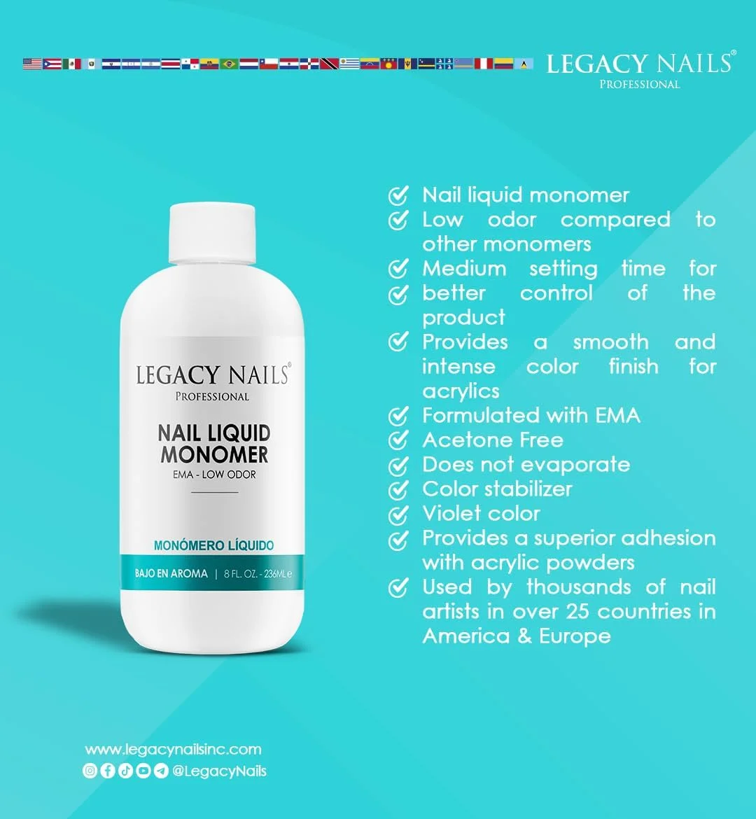 لیکوئید کاشت ناخن LEGACY NAILS، تثبیت کننده رنگ حرفه ای، بدون زردی، لیکوئید مونومر اکریلیک EMA برای سیستم پودر اکریلیک، اکستنشن ناخن (946 میلی لیتر)