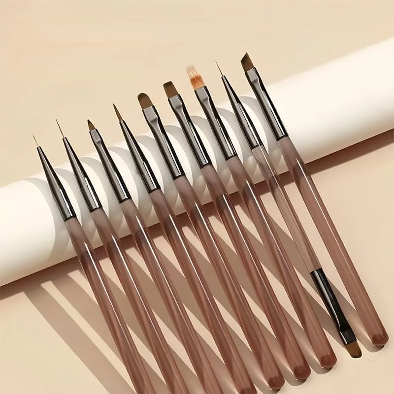 ست ۹ عددی قلم مو طراحی ناخن، ابزار و لوازم طراحی ناخن به همراه قلم طراحی و نقاشی برای ژل پولیش، طراحی خطوط و نقطه گذاری، ابزار مانیکور DIY برای استفاده در سالن یا منزل، رنگ قهوه ای
