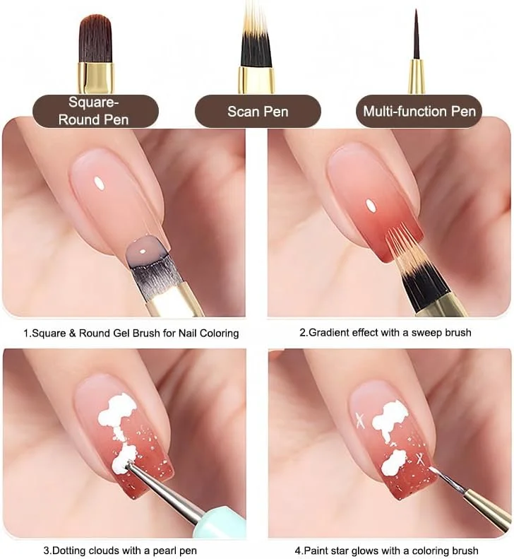 ست ۹ عددی قلم مو طراحی ناخن، ابزار و لوازم طراحی ناخن به همراه قلم طراحی و نقاشی برای ژل پولیش، طراحی خطوط و نقطه گذاری، ابزار مانیکور DIY برای استفاده در سالن یا منزل، رنگ قهوه ای