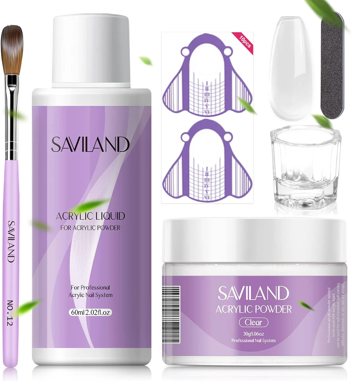 کیت ناخن اکریلیک SAVILAND - پودر شفاف 30 گرمی و ست مایع 60 میلی لیتری با برس، قالب و ابزار، کیت استارتر کامل برای اکستنشن ناخن DIY در خانه یا استفاده در سالن