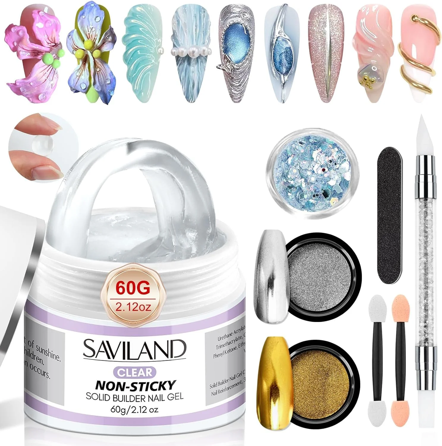 ژل بیلدر ناخن جامد SAVILAND: ژل بیلدر ناخن شفاف با ظرفیت بزرگتر 60 گرمی برای ناخن ها، تقویت کننده غیر چسبنده ناخن، 60 عدد قالب دوگانه، پولک ناخن، پودر کروم ناخن، ابزار برای اکستنشن ناخن، مخصوص بانوان