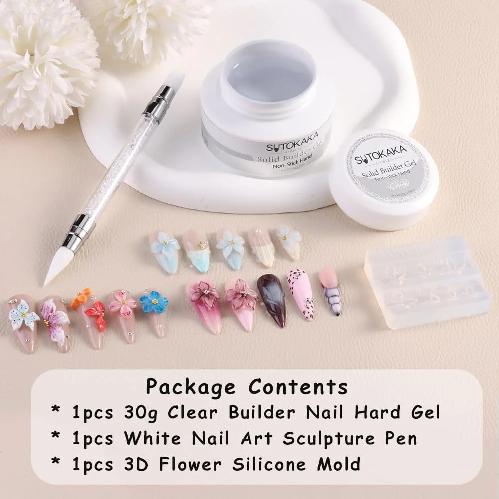 ژل بیلدر جامد SUTOKAKA برای ناخن، 30 گرم ژل سخت مجسمه سازی غیر چسبنده شفاف برای حکاکی سه بعدی، مدل سازی، اکستنشن با قالب سیلیکونی گل، قلم مجسمه سازی، سالن هنر ناخن، DIY خانگی
