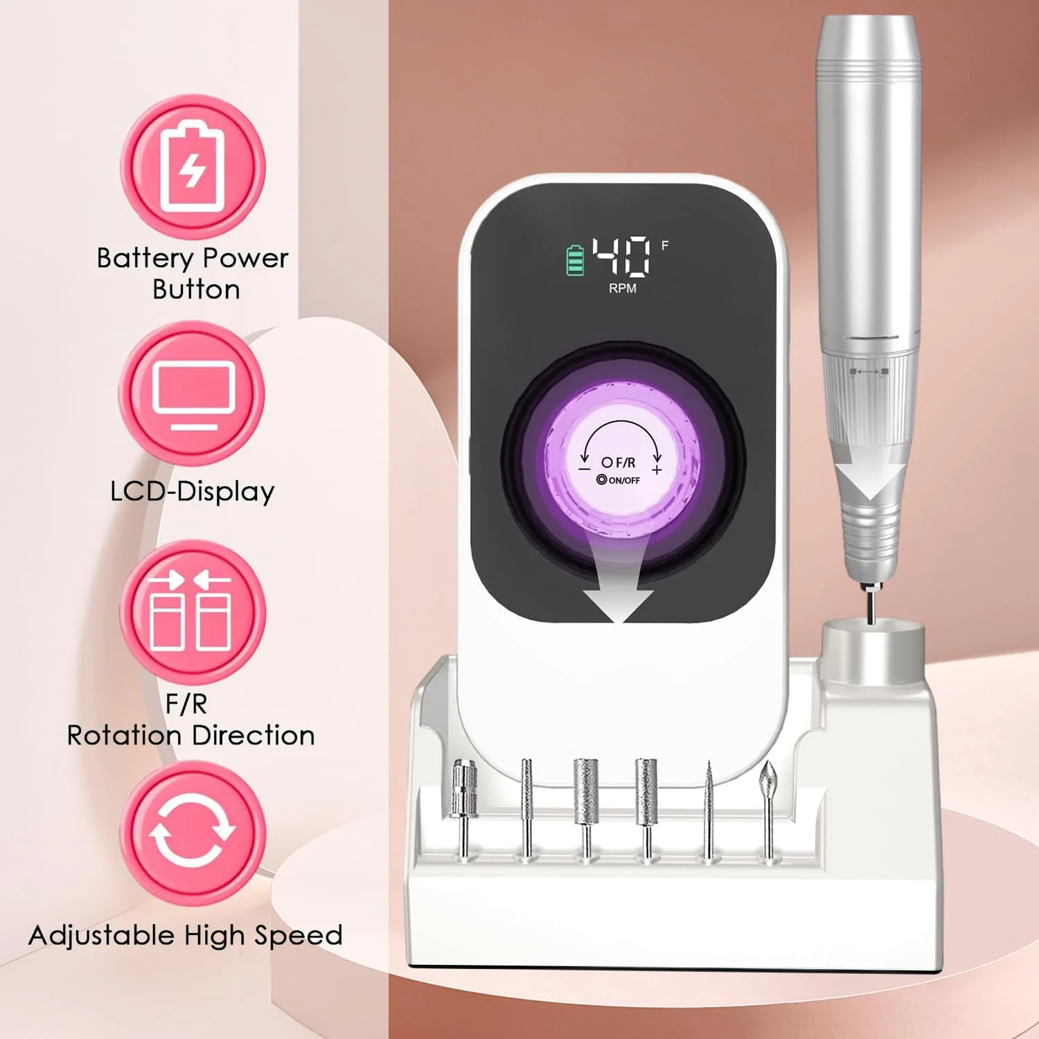 سوهان برقی ناخن قابل حمل Angju، دستگاه سوهان برقی ناخن شارژی حرفه ای 40000 دور در دقیقه، سوهان ناخن بی سیم با سری و پایه برای از بین بردن ناخن های اکریلیک، لاک ژل ناخن، مانیکور برای سالن و خانه سوهان برقی ناخن قابل حمل Angju، دستگاه سوهان برقی ناخن شارژی حرفه ای 40000 دور در دقیقه، سوهان ناخن بی سیم با سری و پایه برای از بین بردن ناخن های اکریلیک، لاک ژل ناخن، مانیکور برای سالن و خانه