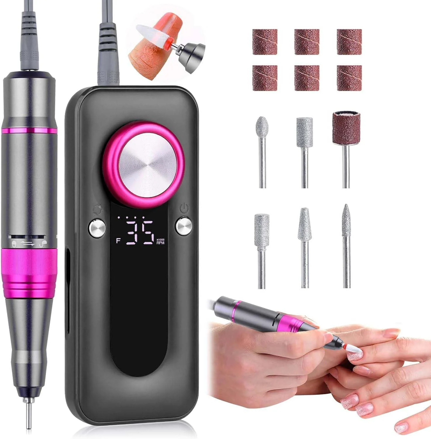 دستگاه سوهان برقی ناخن قابل شارژ Azonee، ۳۵۰۰۰ دور در دقیقه، دارای ۶ سر سوهان، ابزار برقی قابل حمل برای لایه برداری، سوهان زدن، پولیش، مناسب برای استفاده در منزل و سالن، مبتدیان و متخصصان مانیکور