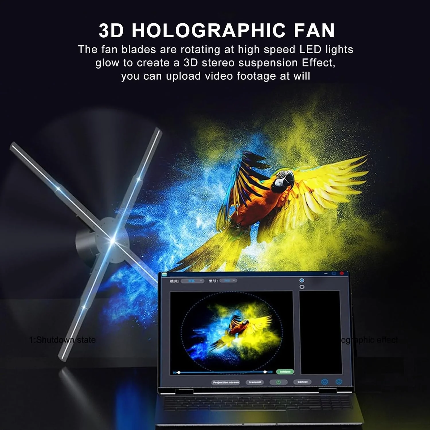 پروژکتور فن هولوگرام سه بعدی، قابل نصب روی دیوار، مناسب برای بار/هالووین، با قابلیت تنظیم زاویه و روشنایی، دستگاه تبلیغاتی هولوگرافی سه بعدی با 576 مهره LED