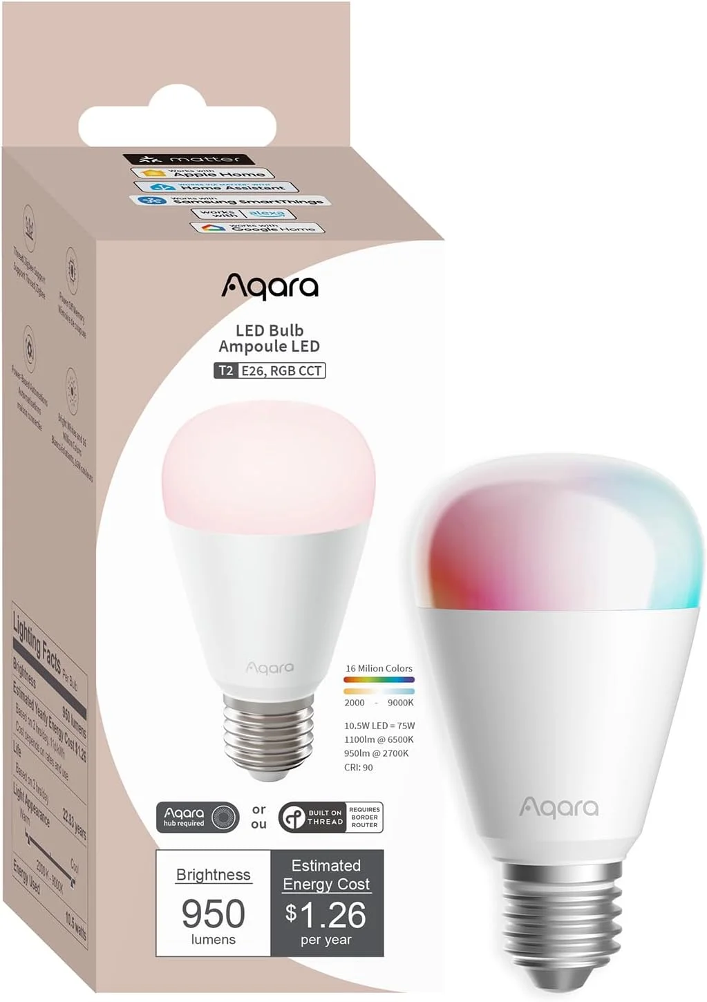 لامپ هوشمند ال ای دی Aqara Thread/Zigbee T2 E26، سفید قابل تنظیم (2000K-9000K)، لامپ تغییر رنگ RGB با 16 میلیون رنگ، معادل 75 وات، Matter، سازگار با HomeKit، Alexa، Google و غیره