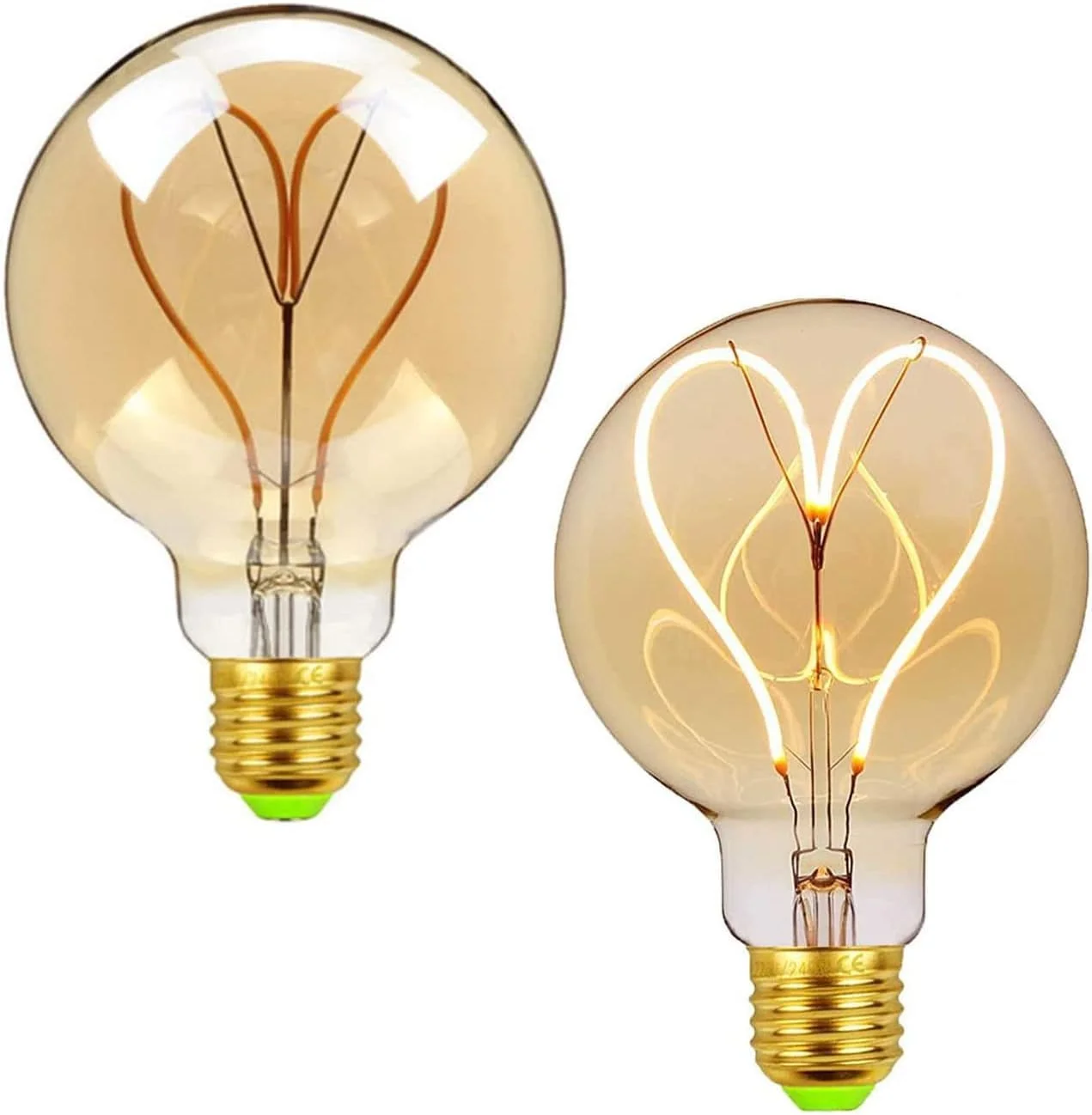 لامپ ال ای دی Azonee، 2 عدد لامپ ادیسونی ال ای دی G95 4 وات دیمر پذیر، فیلامنت قلبی، ولتاژ 110/130 ولت، سرپیچ E27، لامپ تزئینی، شیشه کهربایی طلایی زرد گرم 2300K، کلاس انرژی G