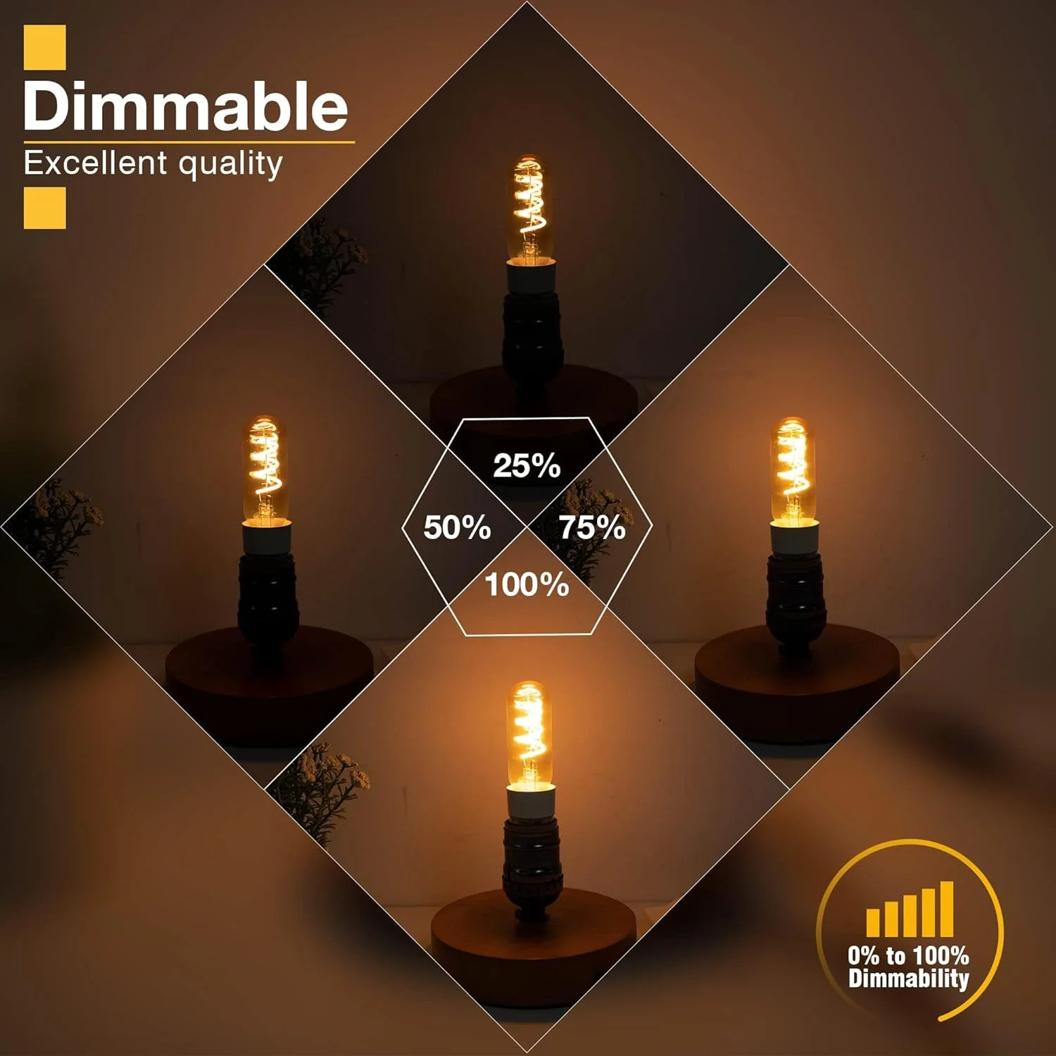 لامپ ال ای دی E12 آزون، بسته 6 عددی لامپ ادیسونی رشته ای دیمر پذیر با پایه شمعدانی، معادل لامپ 25 وات، CRI 90+، شیشه کهربایی 2200K، لامپ ال ای دی 3 وات E12 T25 برای لوستر