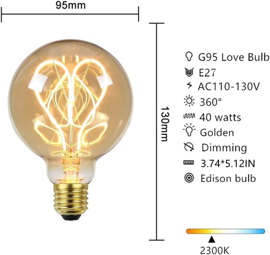 لامپ ال ای دی Azonee، 2 عدد لامپ ادیسونی ال ای دی G95 4 وات دیمر پذیر، فیلامنت قلبی، ولتاژ 110/130 ولت، سرپیچ E27، لامپ تزئینی، شیشه کهربایی طلایی زرد گرم 2300K، کلاس انرژی G