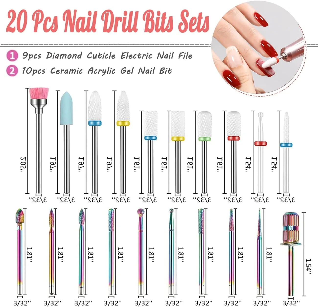 مجموعه 20 عددی سر سوهان ناخن هاتولاو - سوهان برقی الماسه 3/32 اینچی برای پوست و ژل اکریلیک سرامیکی برای مانیکور و پدیکور، سری سنگ زنی ناخن، ابزار طراحی ناخن اکریلیک مجموعه 20 عددی سر سوهان ناخن هاتولاو - سوهان برقی الماسه 3/32 اینچی برای پوست و ژل اکریلیک سرامیکی برای مانیکور و پدیکور، سری سنگ زنی ناخن، ابزار طراحی ناخن اکریلیک