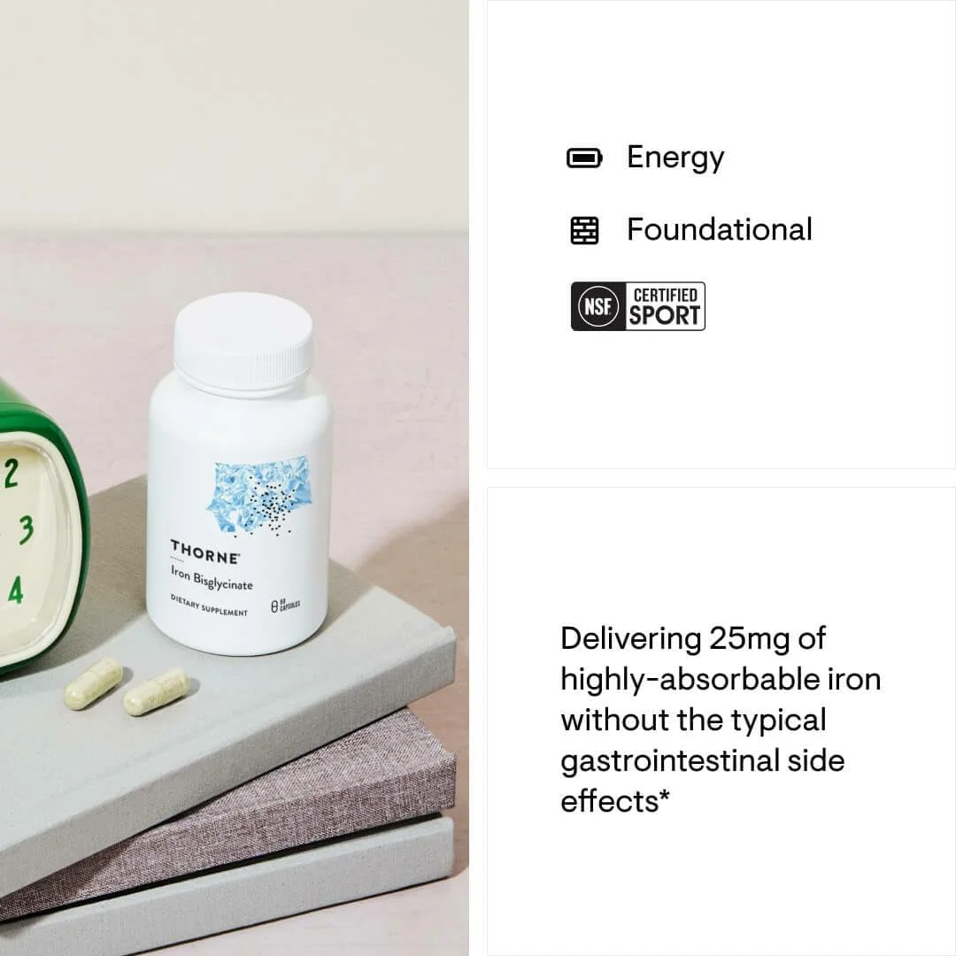 آهن بیس گلیسینات Thorne - مکمل آهن 25 میلی گرمی برای خون سازی با جذب بیشتر و بدون عوارض جانبی گوارشی - دارای گواهینامه NSF برای ورزش - بدون گلوتن - 60 کپسول