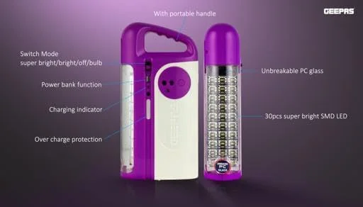 چراغ LED شارژی جیپاس با لامپ و پنل خورشیدی بنفش GE53035