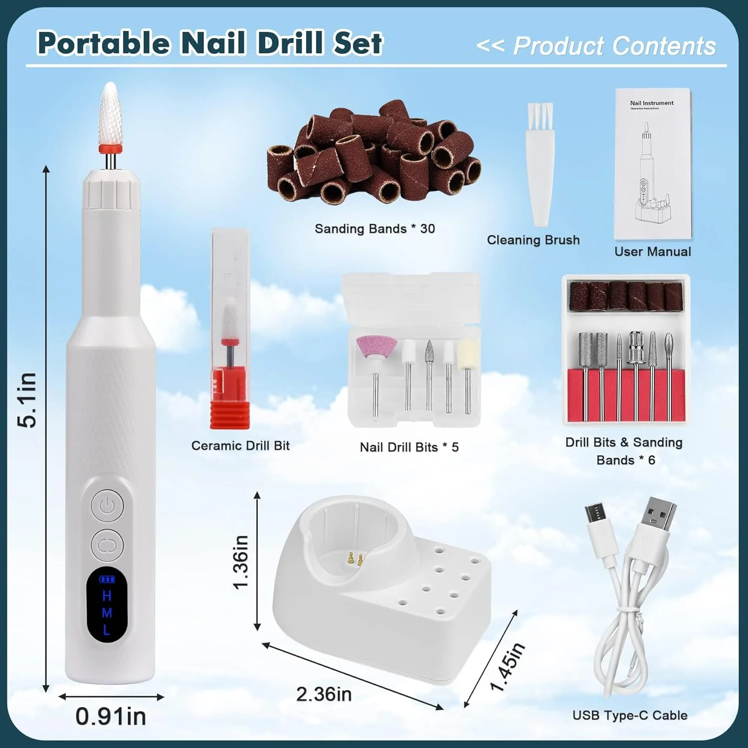 دستگاه سوهان برقی ناخن قابل حمل NALACAL، کیت حرفه ای سوهان برقی برای ناخن های اکریلیک، ژل، مانیکور پدیکور، ابزارهای شکل دهی و پولیش با 12 سری سوهان و نوارهای سمباده برای استفاده در منزل و سالن های آرایشی