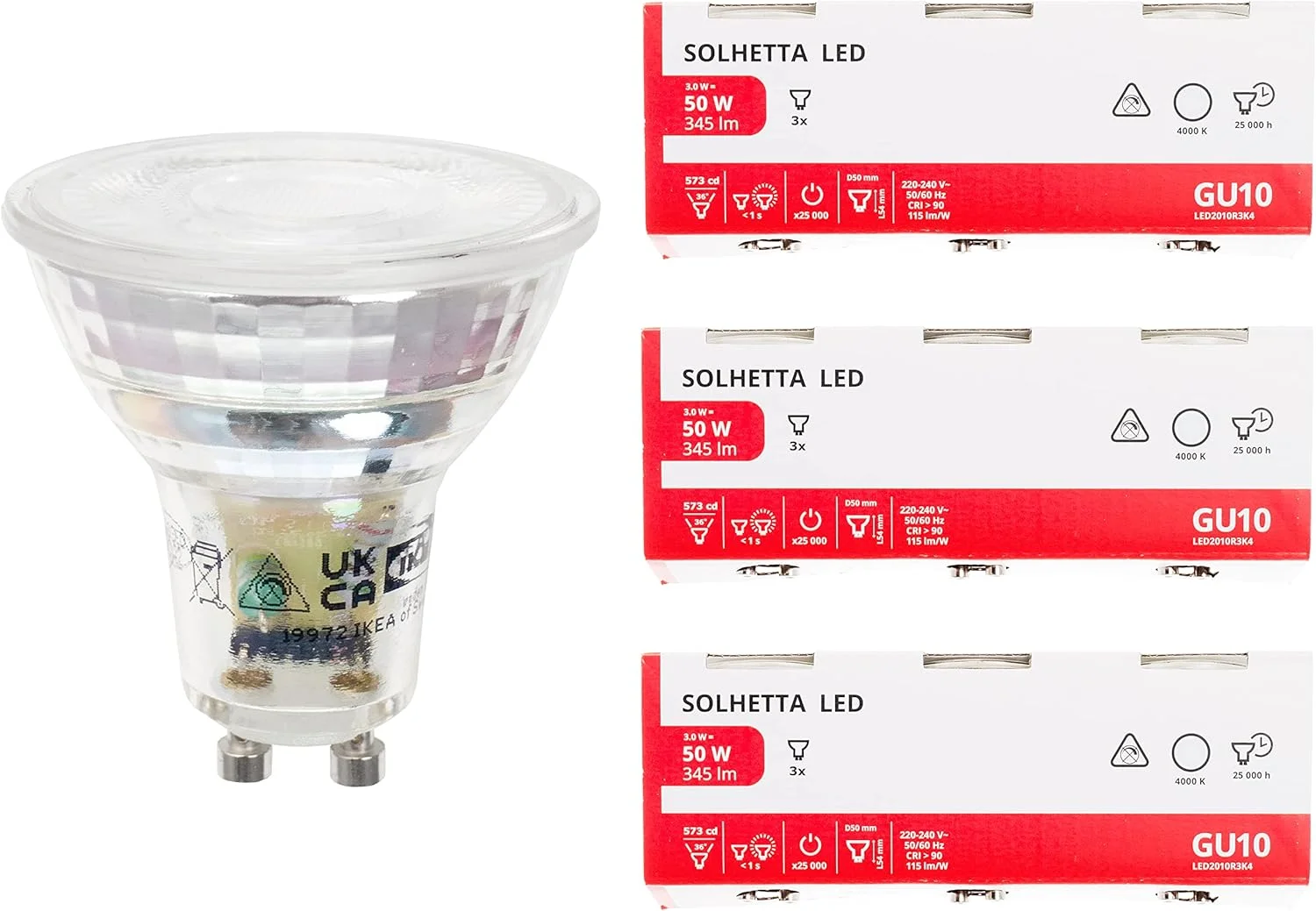 لامپ ال ای دی ایکیا مدل SOLHETTA GU10، 345 لومن (معادل 50 وات)، 3 وات، زاویه تابش 36 درجه، 4000 کلوین نور سفید سرد، 105.184.84 - بسته 9 عددی