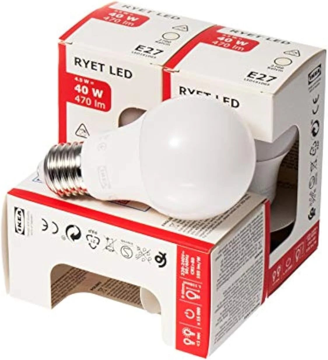 لامپ ال ای دی کروی ایکیا مدل RYET E27 ES، ۴۷۰ لومن، ۴.۵ وات، ۲۷۰۰ کلوین نور سفید گرم، اپال مات، 204.387.07/LED1910G5 - مجموعه ۳ عددی