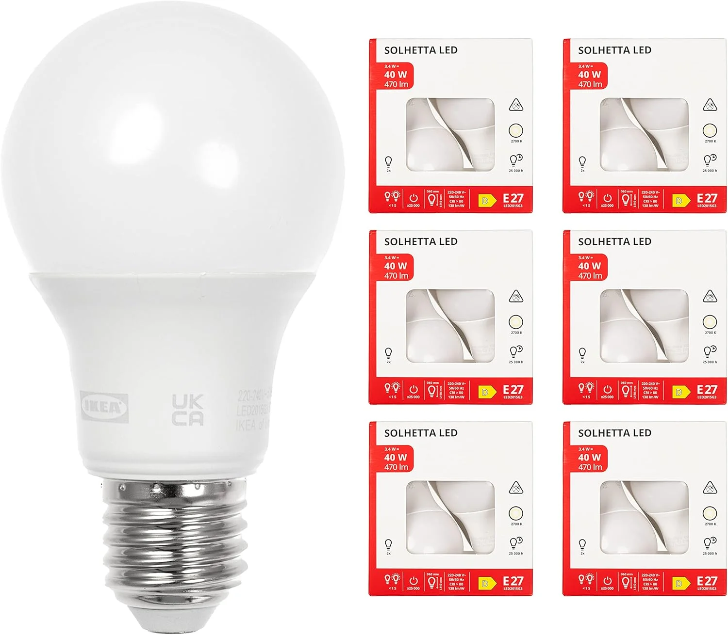 لامپ ال ای دی ایکیا مدل SOLHETTA با سرپیچ E27، میزان روشنایی 470 لومن، توان 3.4 وات، 2700 کلوین نور سفید گرم، حباب اوپال، مدل LED2015G3 - بسته 12 عددی (505.184.77)