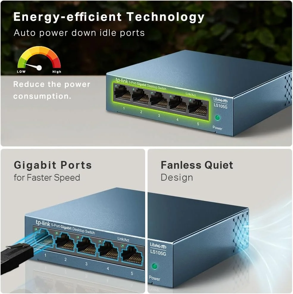 سوییچ 5 پورت گیگابیتی رومیزی/دیواری TP-Link LS105G، تقسیم کننده اترنت، Plug & Play، رومیزی، بدنه فلزی سوییچ 5 پورت گیگابیتی رومیزی/دیواری TP-Link LS105G، تقسیم کننده اترنت، Plug & Play، رومیزی، بدنه فلزی