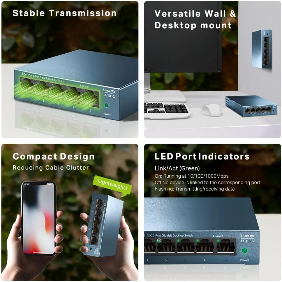 سوییچ 5 پورت گیگابیتی رومیزی/دیواری TP-Link LS105G، تقسیم کننده اترنت، Plug & Play، رومیزی، بدنه فلزی سوییچ 5 پورت گیگابیتی رومیزی/دیواری TP-Link LS105G، تقسیم کننده اترنت، Plug & Play، رومیزی، بدنه فلزی