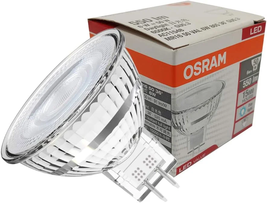 لامپ ال ای دی استار MR16 اوسرام 12 ولت/ولتاژ پایین معادل 50 وات، 6 وات، پایه سوزنی GU5.3، نور روز/6500 کلوین 550 لومن، O-Led-Mr16-6W-Dl-Val