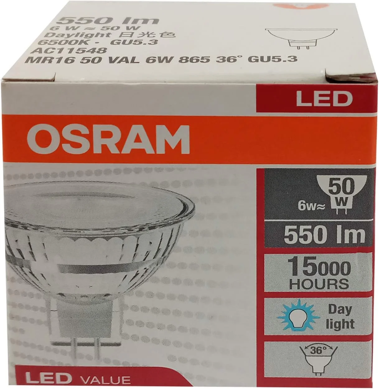 لامپ ال ای دی استار MR16 اوسرام 12 ولت/ولتاژ پایین معادل 50 وات، 6 وات، پایه سوزنی GU5.3، نور روز/6500 کلوین 550 لومن، O-Led-Mr16-6W-Dl-Val