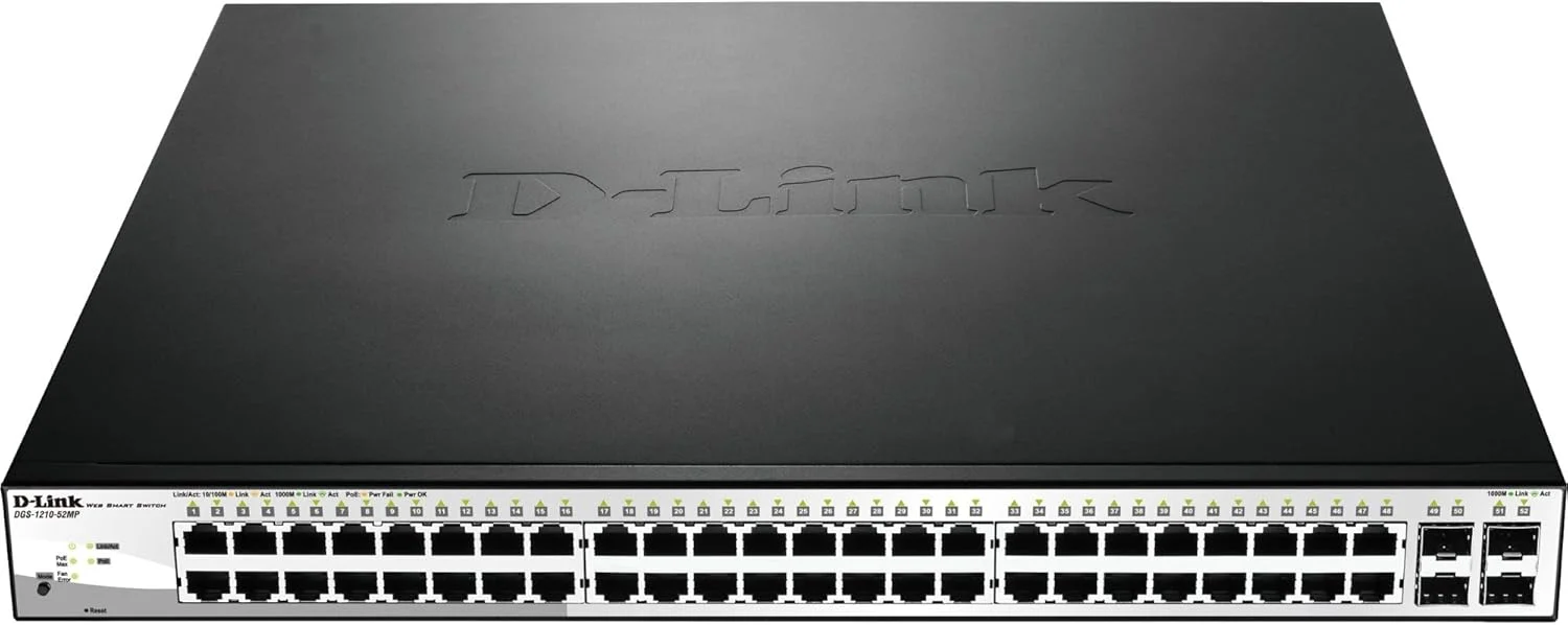 سوئیچ اترنت D-Link DGS-1210-52MP - 52 پورت - مدیریتی - 4 اسلات توسعه - 10/100/1000Base-T, 1000Base-X - 4 اسلات SFP - پشتیبانی از لایه 2