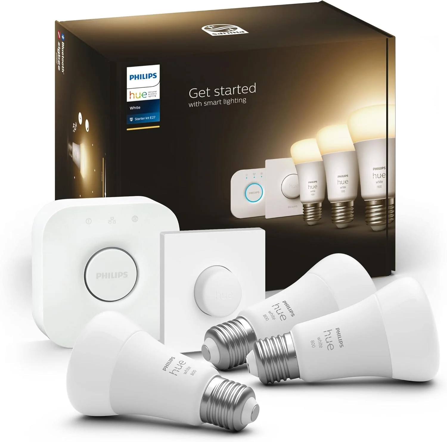 کیت استارتر Philips Hue White: 3 عدد لامپ هوشمند LED E27، پل اتصال، دکمه هوشمند Hue، سازگار با بلوتوث، الکسا، دستیار گوگل، Apple HomeKit