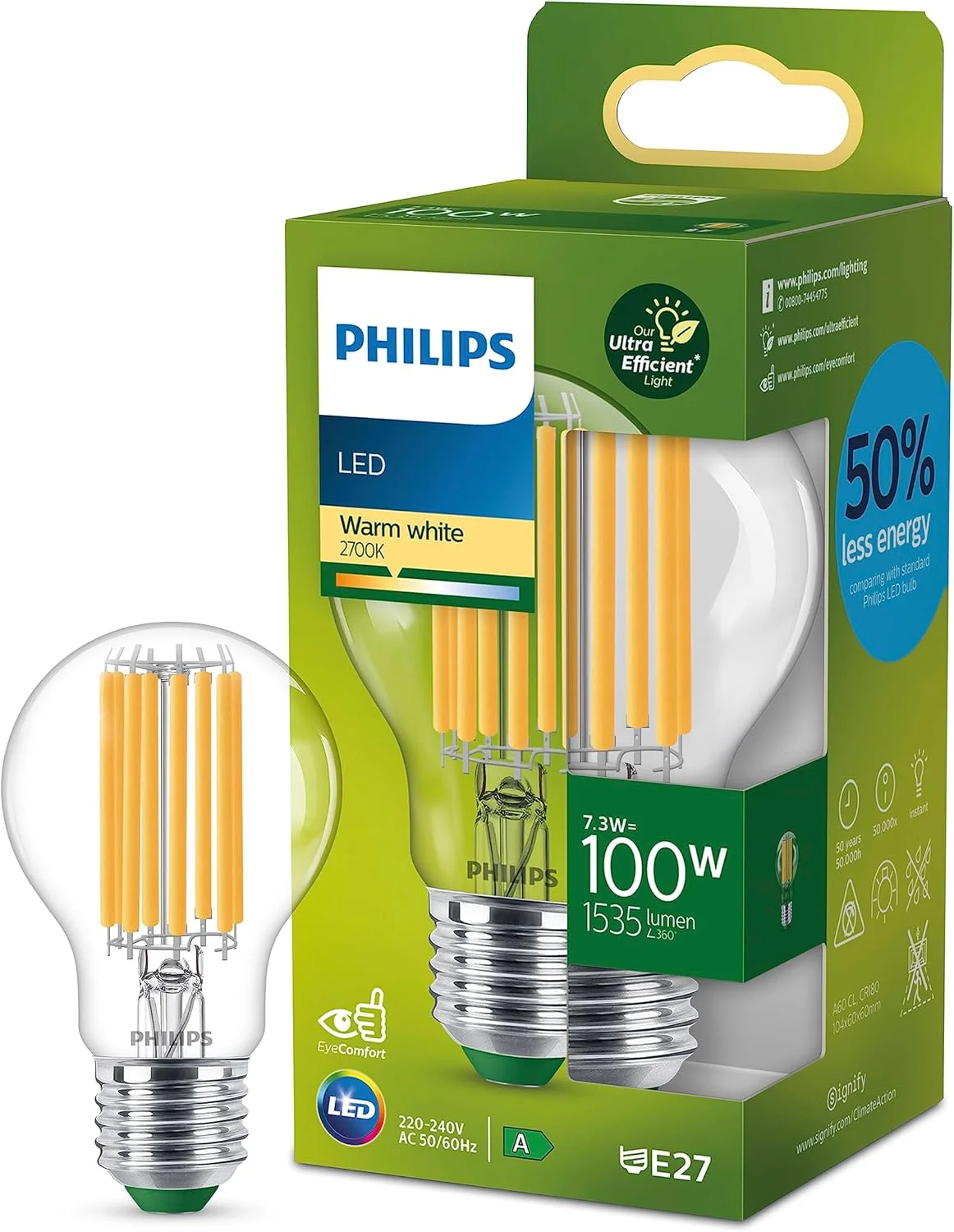 لامپ های فوق العاده کم مصرف Philips Ultra Efficient، منبع نور LED، 100 وات، A60، E27، سفید گرم 2700 کلوین، شفاف