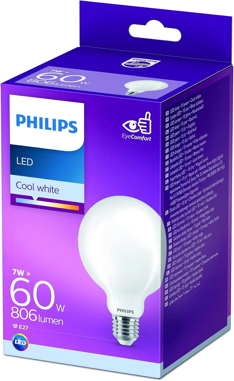لامپ ال ای دی فیلیپس مدل Premium Classic G93، حبابی مات، پایه ادیسونی E27، معادل 60 وات، سفید یخی (4000 کلوین)، غیر قابل تنظیم نور.