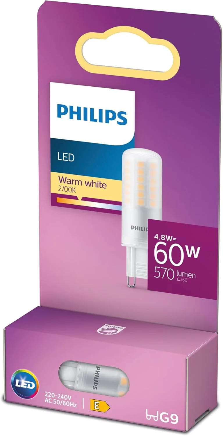 لامپ ال ای دی فیلیپس مدل Premium Light Capsule Spot با پایه G9، توان 4.8 وات (معادل 60 وات)، نور آفتابی (2700 کلوین)، غیر قابل تنظیم نور