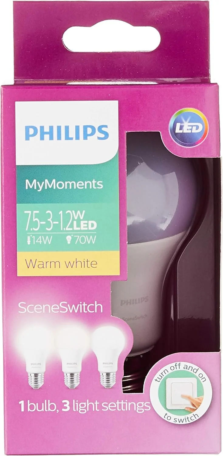 لامپ ال ای دی فیلیپس مدل Sceneswitch A60 3S 7.5-70W پایه E27 3000K، نور سفید گرم