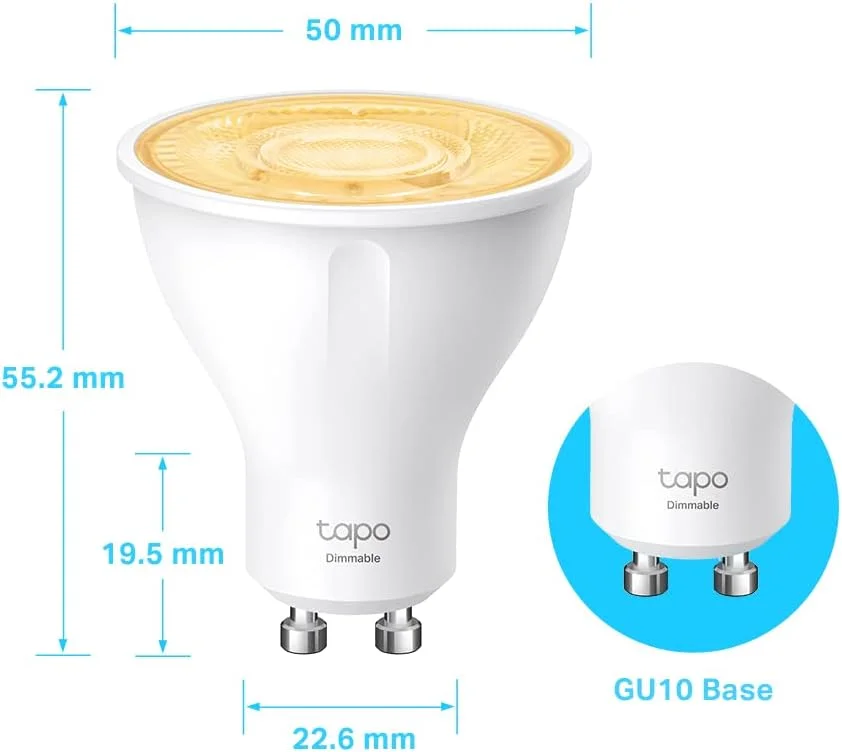 چراغ هوشمند وای فای TP-Link Tapo، قابل تنظیم نور، نور گرم 2700 کلوین، پایه لامپ GU10، کنترل از راه دور، صرفه جویی در انرژی، سازگار با الکسا و گوگل هوم، بدون نیاز به هاب L610 (بسته 4 عددی) [کلاس انرژی D]