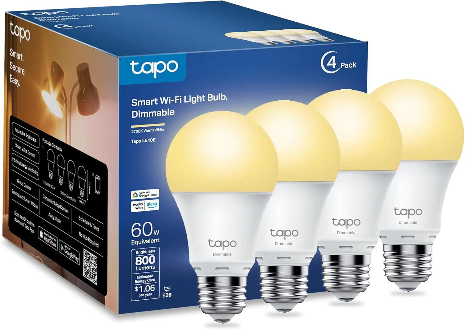 لامپ هوشمند Tapo TP-Link، 800 لومن (معادل 60 وات)، لامپ LED سفید گرم نرم 2700K، دیمرپذیر، سازگار با الکسا و گوگل هوم، بدون نیاز به هاب، A19 E26، L510E (بسته 4 عددی)