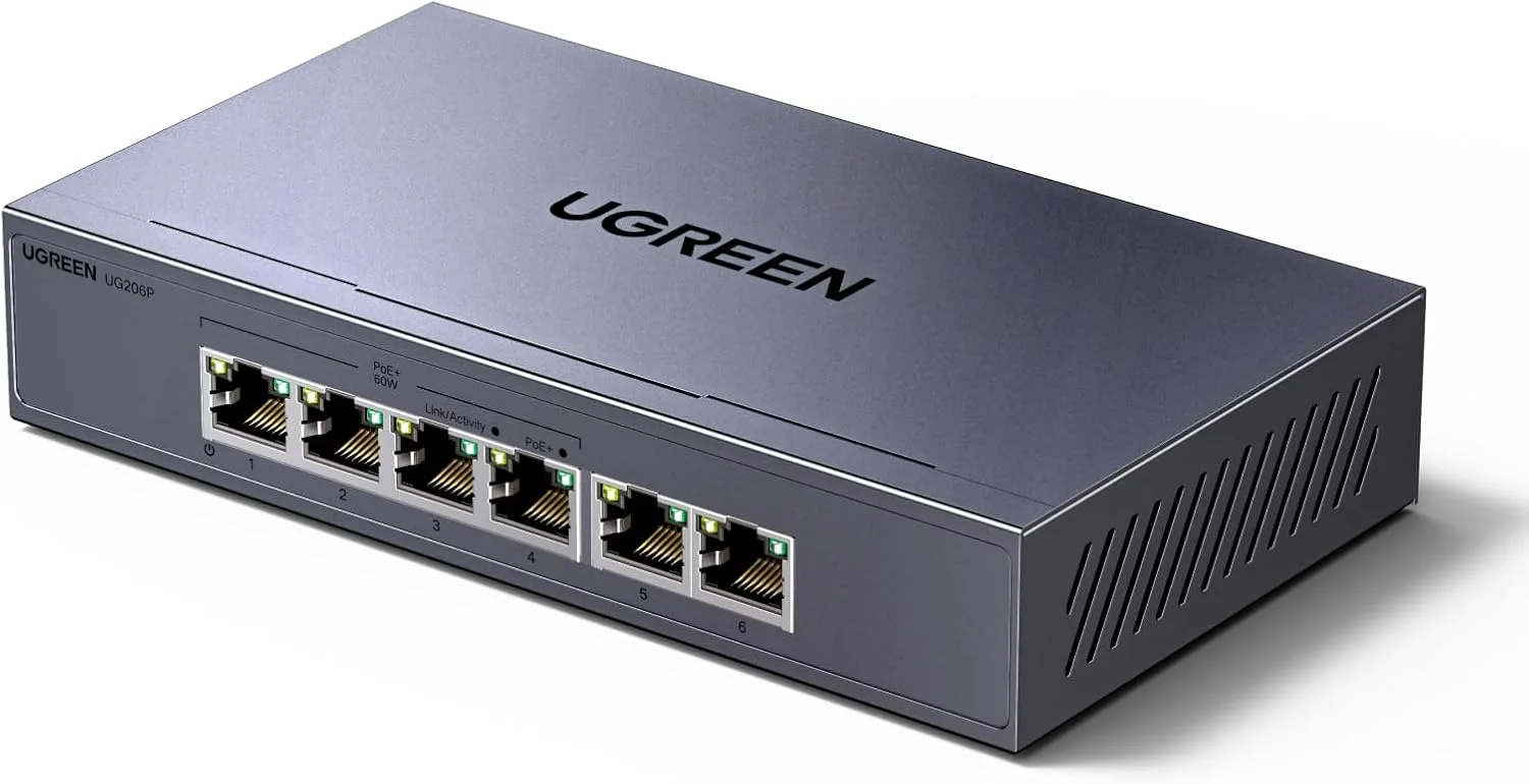 سوییچ اترنت UGREEN، سوییچ 6 پورت PoE، 4 پورت PoE+@60W و 2 پورت گیگابیتی اترنت، Plug & Play، حالت Auto/VLAN/Extend، فلزی مستحکم، اسپلیتر شبکه رومیزی یا دیواری برای دوربین مداربسته، تلفن IP