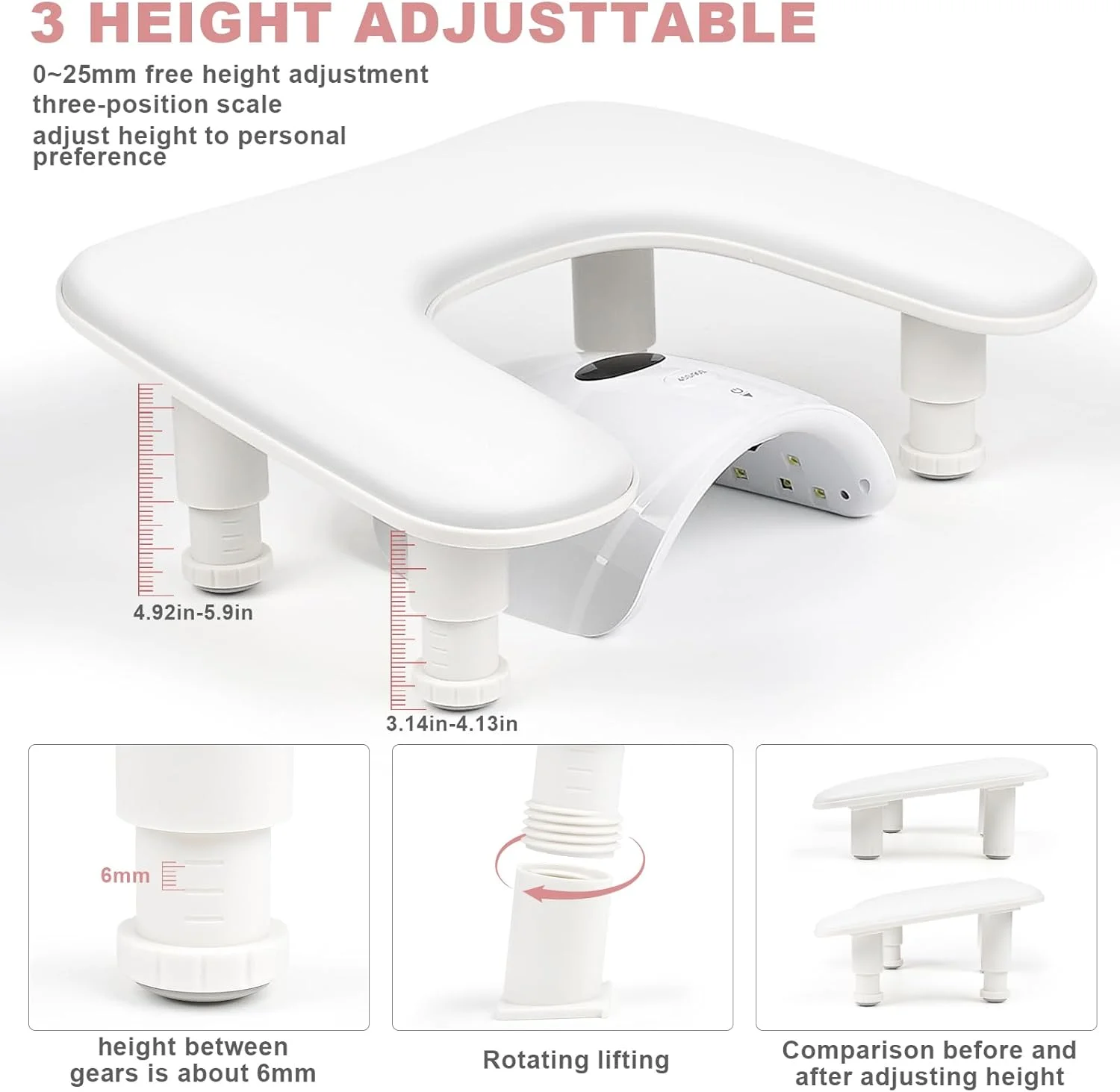 Arm Rest for Nails Tech，Height-Adjustable U Shaped Manicure Nail Arm Rest,Big Microfiber PU Leather Hand Rest for Nails Tech, Professional Salon Manicure Arm Rest Cushion(White)