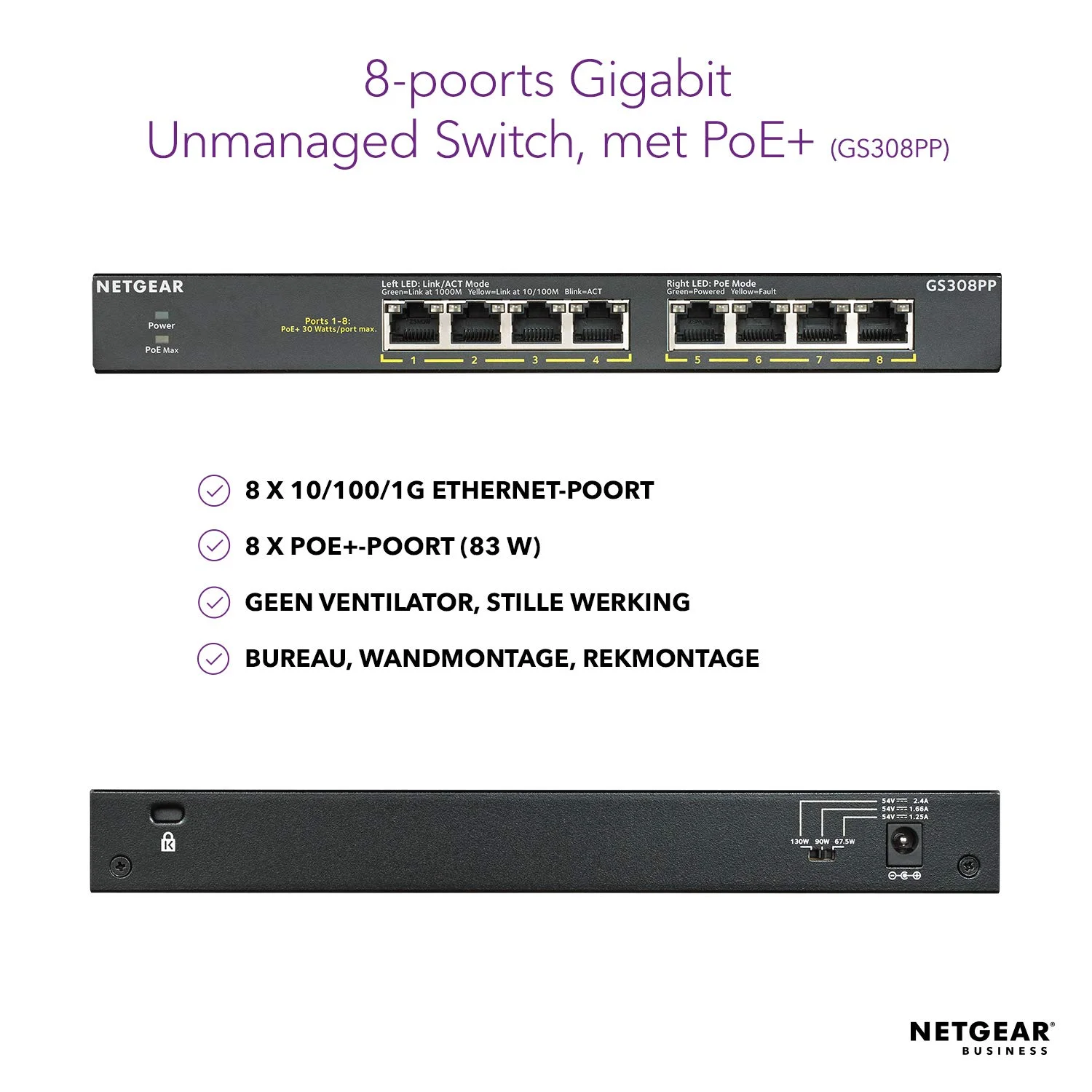 سوئیچ 8 پورت گیگابیتی اترنت PoE+ نت گیر GS308PP (سوئیچ شبکه PoE Plug-and-Play، بدون فن، بدنه فلزی مقاوم)