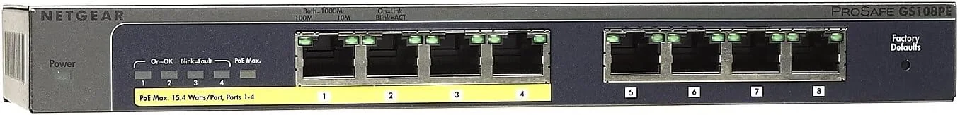 سوئیچ 8 پورت گیگابیتی اترنت PoE+ نت گیر (GS108PEv3) - مدیریتی، با 4 پورت PoE با توان 53 وات، قابل نصب روی میز یا دیوار سوئیچ 8 پورت گیگابیتی اترنت PoE+ نت گیر (GS108PEv3) - مدیریتی، با 4 پورت PoE با توان 53 وات، قابل نصب روی میز یا دیوار