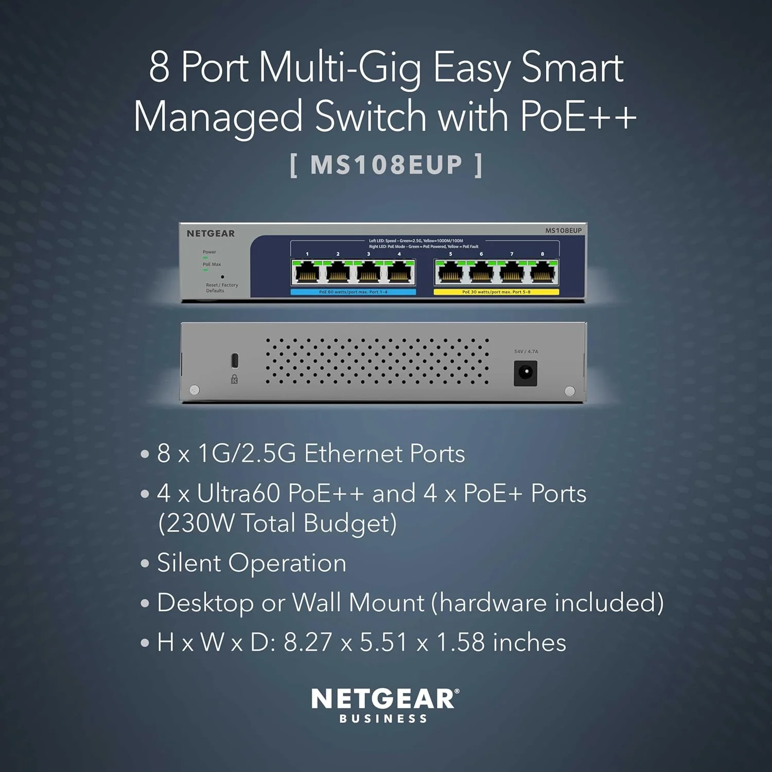 سوئیچ اترنت چند گیگابیتی NETGEAR مدل MS108EUP با 8 پورت Ultra60 PoE - مدیریت شده، با 4 پورت PoE++ و 4 پورت PoE+ با توان 230 وات، قابل نصب روی میز یا دیوار