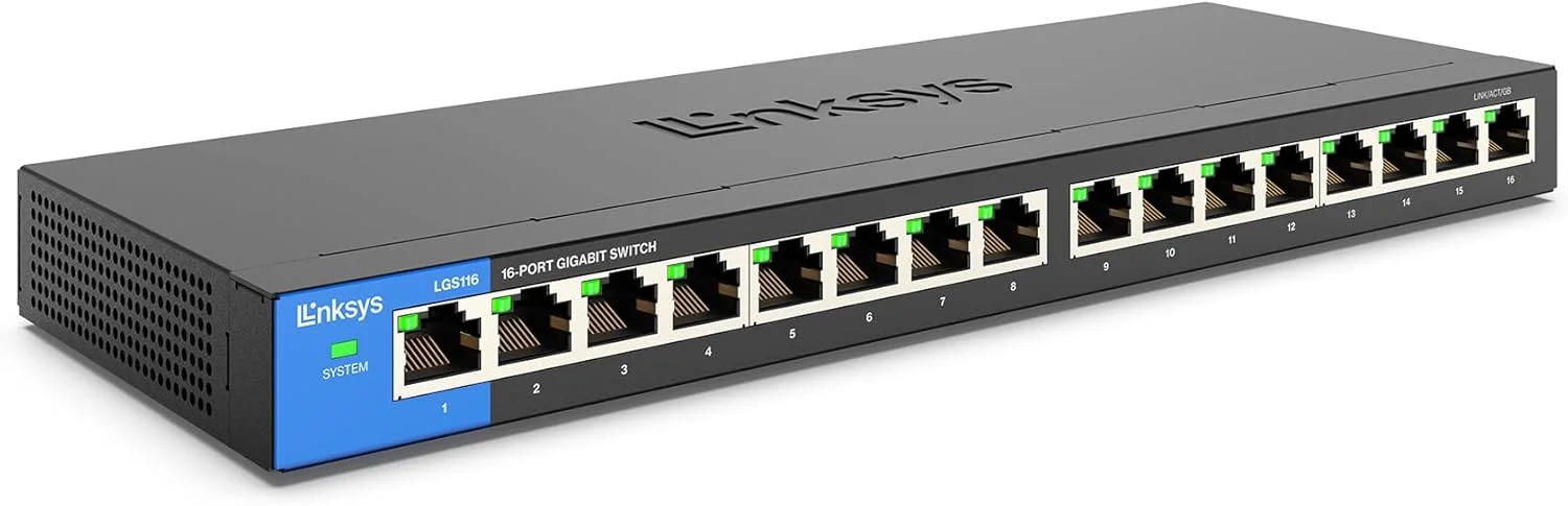 سوییچ شبکه غیر مدیریتی 16 پورت گیگابیتی لینکسیس LGS116 - هاب سوییچ اترنت خانگی/اداری با بدنه فلزی - قابلیت نصب روی دیوار یا رومیزی، اتصال آسان Plug & Play