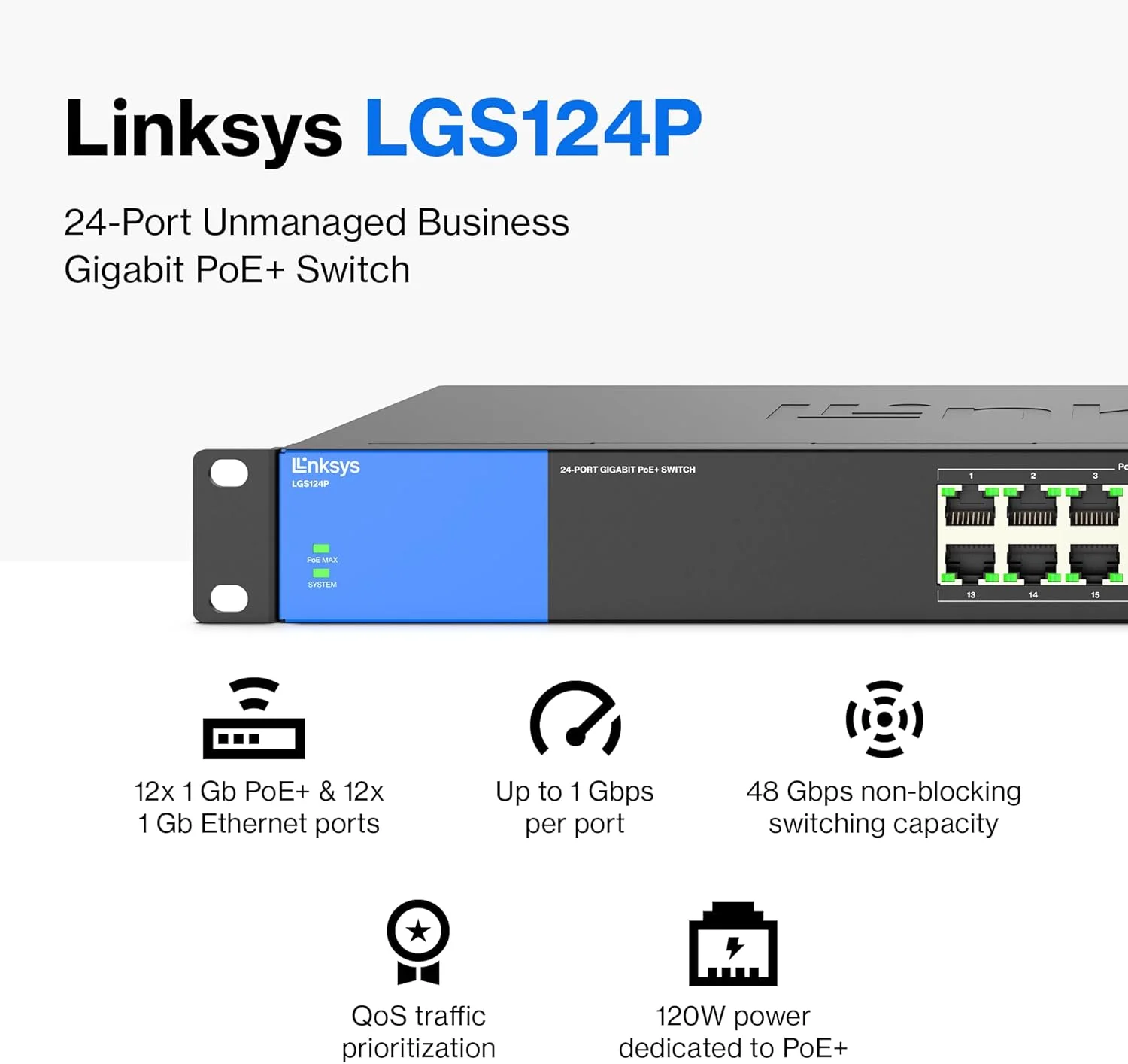 سوئیچ شبکه 24 پورت گیگابیتی غیر مدیریتی PoE لینکسیس مدل LGS124P با 12 پورت PoE+ با توان 120 وات برای کسب و کار، دفتر، نظارت تصویری IP - هاب سوئیچ اترنت با بدنه فلزی سوئیچ شبکه 24 پورت گیگابیتی غیر مدیریتی PoE لینکسیس مدل LGS124P با 12 پورت PoE+ با توان 120 وات برای کسب و کار، دفتر، نظارت تصویری IP - هاب سوئیچ اترنت با بدنه فلزی