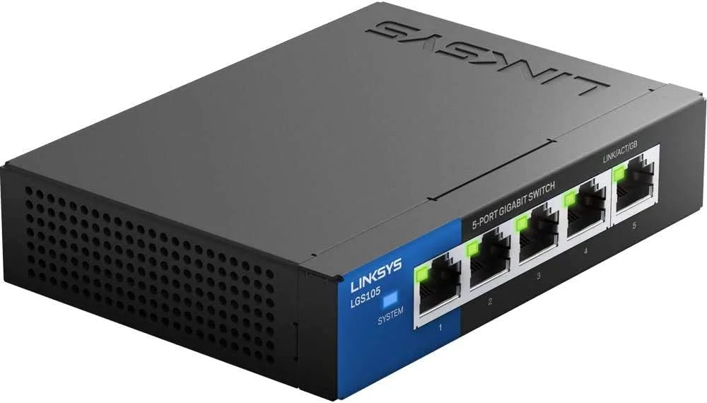 سوئیچ غیر مدیریتی 5 پورت گیگابیتی اترنت دسکتاپ تجاری Linksys LGS105، شبکه کامپیوتری، سرعت اتصال سیمی تا 1000 مگابیت در ثانیه (مشکی، آبی)