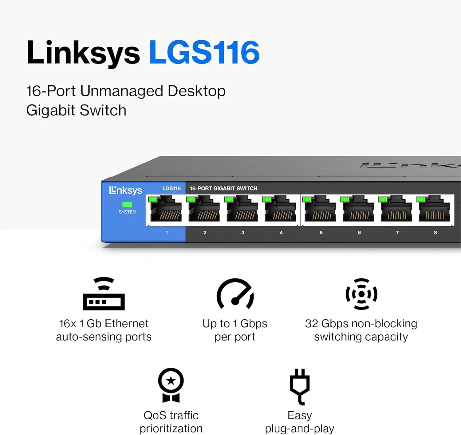 سوییچ شبکه غیر مدیریتی 16 پورت گیگابیتی لینکسیس LGS116 - هاب سوییچ اترنت خانگی/اداری با بدنه فلزی - قابلیت نصب روی دیوار یا رومیزی، اتصال آسان Plug & Play سوییچ شبکه غیر مدیریتی 16 پورت گیگابیتی لینکسیس LGS116 - هاب سوییچ اترنت خانگی/اداری با بدنه فلزی - قابلیت نصب روی دیوار یا رومیزی، اتصال آسان Plug & Play