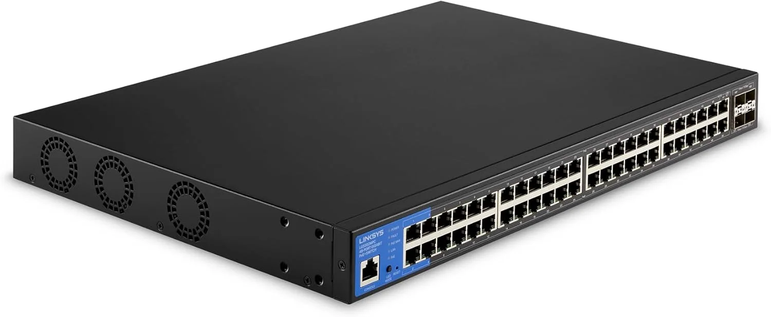 سوئیچ مدیریتی گیگابیتی PoE+ لینکسیس 48 پورت با 4 آپلینک 10G SFP+ توان 740W سازگار با TAA مدل LGS352MPC سوئیچ مدیریتی گیگابیتی PoE+ لینکسیس 48 پورت با 4 آپلینک 10G SFP+ توان 740W سازگار با TAA مدل LGS352MPC