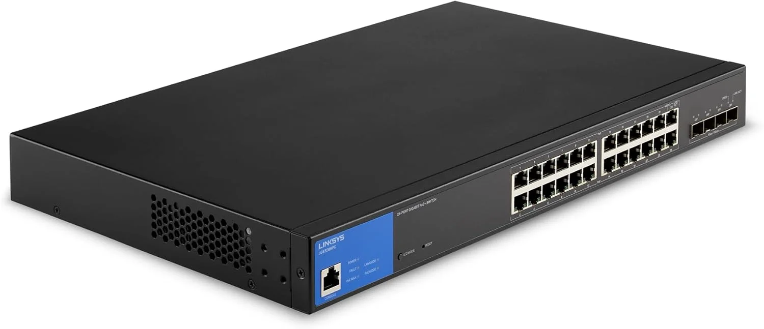 سوئیچ شبکه 24 پورت گیگابیتی PoE+ لینکسیس LGS328MPC با توان 410 وات و 4 اسلات آپلینک 10G SFP+ - سوئیچ اترنت هوشمند مدیریت شده با بدنه فلزی، قابل نصب روی میز/دیوار سوئیچ شبکه 24 پورت گیگابیتی PoE+ لینکسیس LGS328MPC با توان 410 وات و 4 اسلات آپلینک 10G SFP+ - سوئیچ اترنت هوشمند مدیریت شده با بدنه فلزی، قابل نصب روی میز/دیوار
