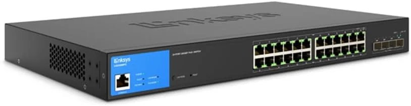 سوئیچ 24 پورت گیگابیتی PoE+ مدیریتی لینکسیس با 4 پورت SFP+ 10G و توان 410 وات (LGS328MPC)
