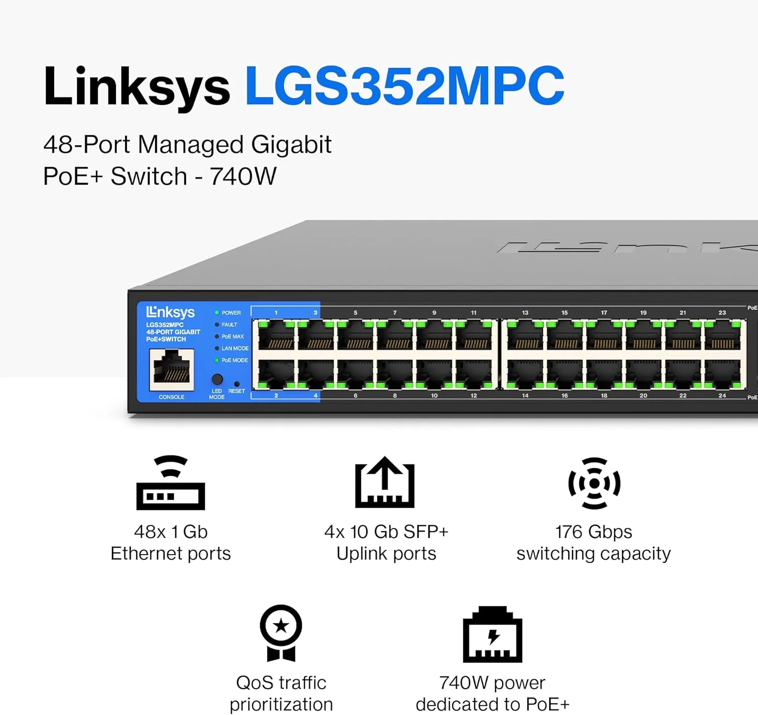 سوئیچ مدیریتی گیگابیتی PoE+ لینکسیس 48 پورت با 4 آپلینک 10G SFP+ توان 740W سازگار با TAA مدل LGS352MPC سوئیچ مدیریتی گیگابیتی PoE+ لینکسیس 48 پورت با 4 آپلینک 10G SFP+ توان 740W سازگار با TAA مدل LGS352MPC