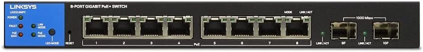 سوئیچ گیگابیتی مدیریتی 8 پورت Linksys با PoE+ و 2 آپ‌لینک گیگابیتی SFP، 110 وات، LGS310MPC-EU، مشکی