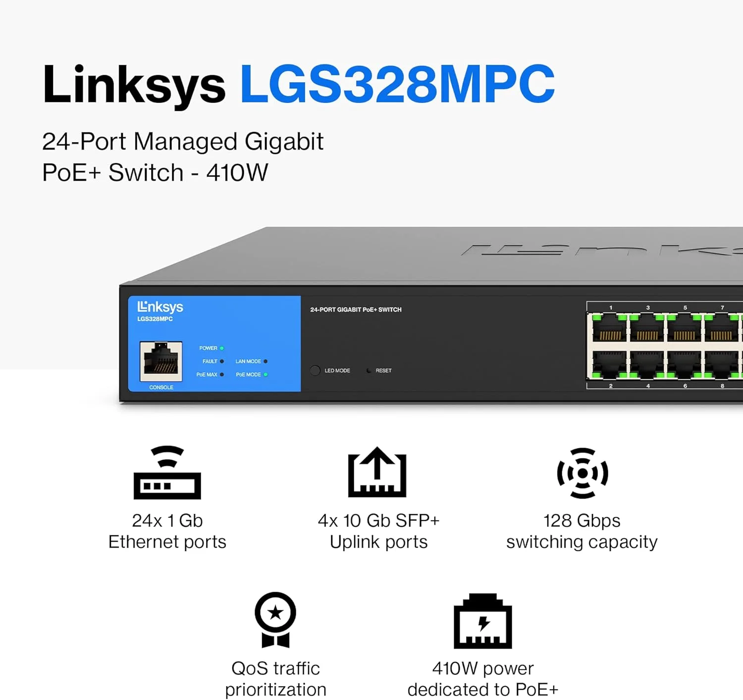 سوئیچ شبکه 24 پورت گیگابیتی PoE+ لینکسیس LGS328MPC با توان 410 وات و 4 اسلات آپلینک 10G SFP+ - سوئیچ اترنت هوشمند مدیریت شده با بدنه فلزی، قابل نصب روی میز/دیوار سوئیچ شبکه 24 پورت گیگابیتی PoE+ لینکسیس LGS328MPC با توان 410 وات و 4 اسلات آپلینک 10G SFP+ - سوئیچ اترنت هوشمند مدیریت شده با بدنه فلزی، قابل نصب روی میز/دیوار