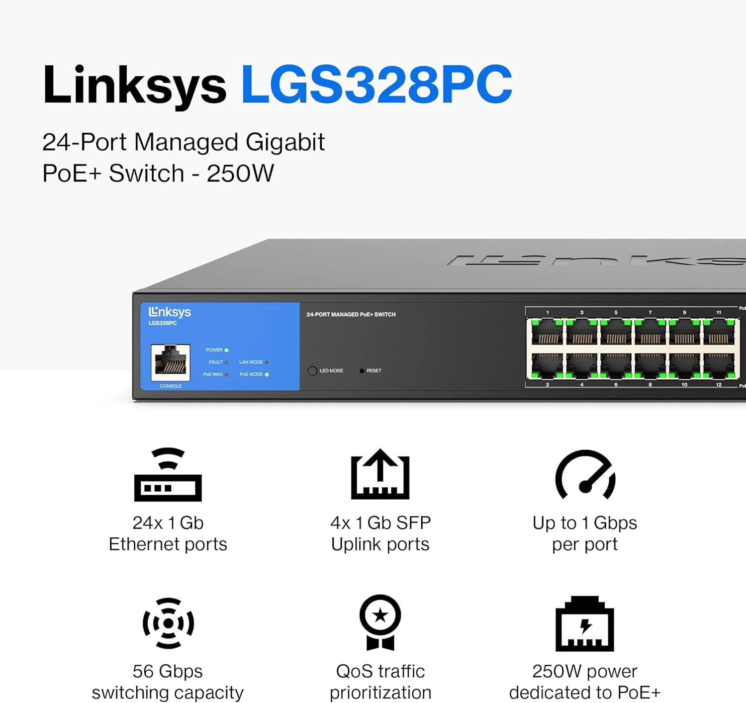 سوئیچ مدیریتی 24 پورت گیگابیتی PoE+ لینکسیس 250W با 4 آپلینک 1G SFP سازگار با TAA مدل LGS328PC سوئیچ مدیریتی 24 پورت گیگابیتی PoE+ لینکسیس 250W با 4 آپلینک 1G SFP سازگار با TAA مدل LGS328PC
