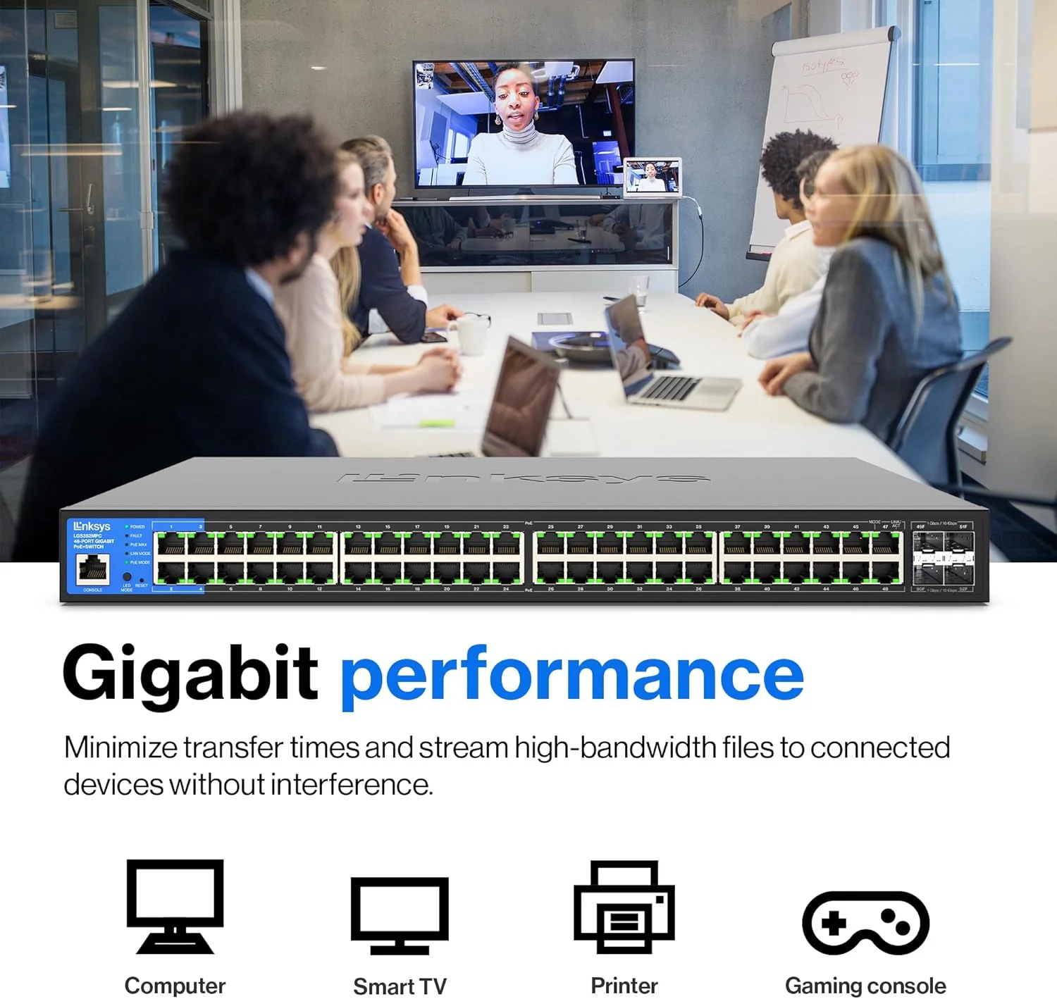 سوئیچ مدیریتی گیگابیتی PoE+ لینکسیس 48 پورت با 4 آپلینک 10G SFP+ توان 740W سازگار با TAA مدل LGS352MPC سوئیچ مدیریتی گیگابیتی PoE+ لینکسیس 48 پورت با 4 آپلینک 10G SFP+ توان 740W سازگار با TAA مدل LGS352MPC