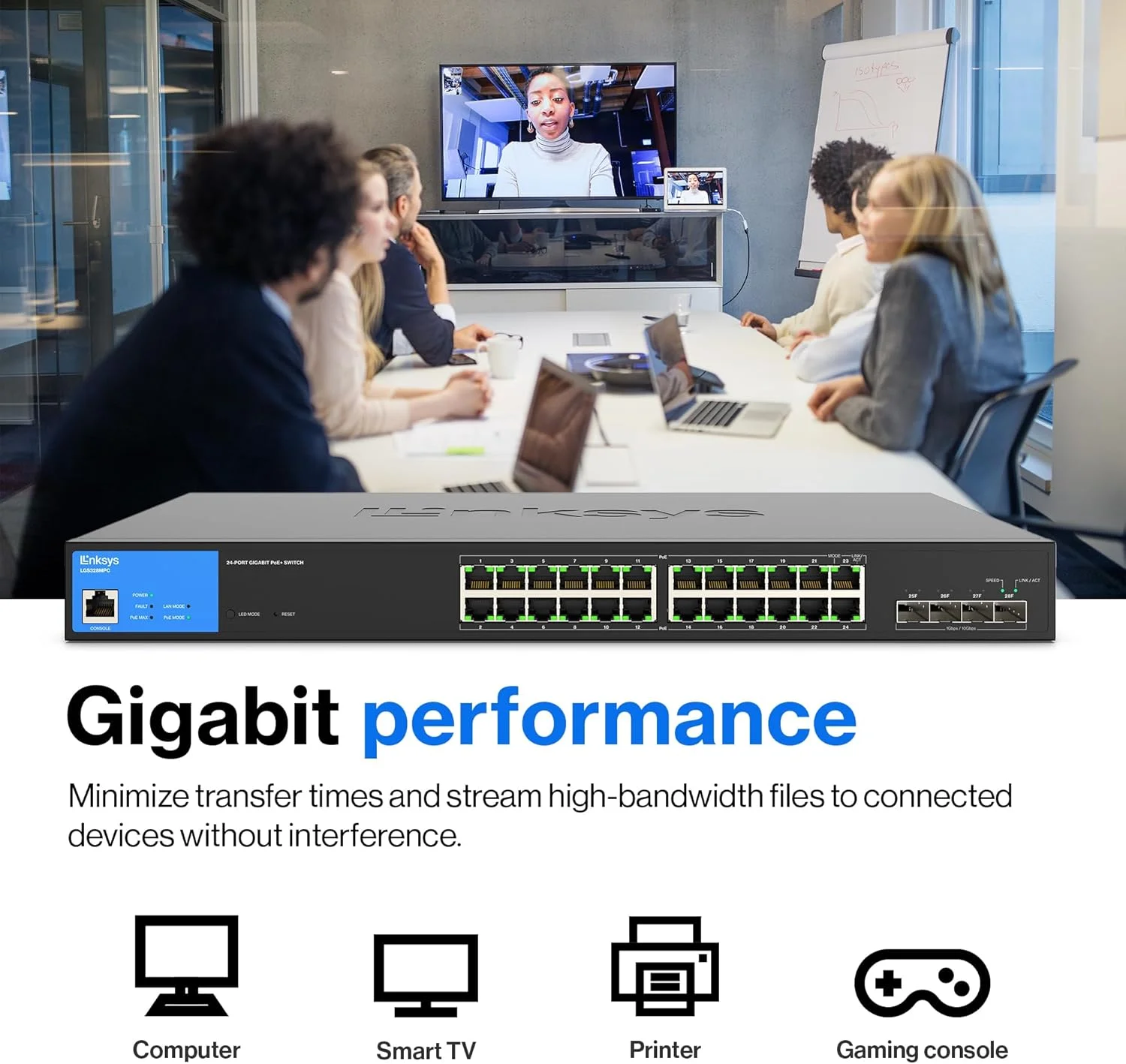 سوئیچ شبکه 24 پورت گیگابیتی PoE+ لینکسیس LGS328MPC با توان 410 وات و 4 اسلات آپلینک 10G SFP+ - سوئیچ اترنت هوشمند مدیریت شده با بدنه فلزی، قابل نصب روی میز/دیوار سوئیچ شبکه 24 پورت گیگابیتی PoE+ لینکسیس LGS328MPC با توان 410 وات و 4 اسلات آپلینک 10G SFP+ - سوئیچ اترنت هوشمند مدیریت شده با بدنه فلزی، قابل نصب روی میز/دیوار